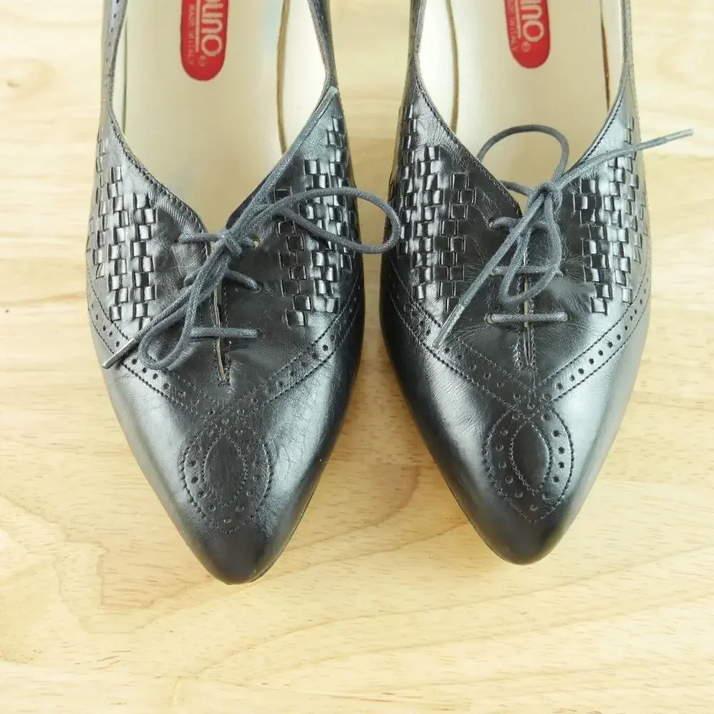 Vintage Black Woven Leather Loafer Heels Point Toe Granny Victorian Witchy 8 1/2